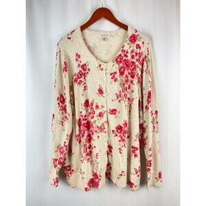 Croft & Barrow 3X Cardigan Beige Pink Floral Button Up Coquette Whimsical STAINS